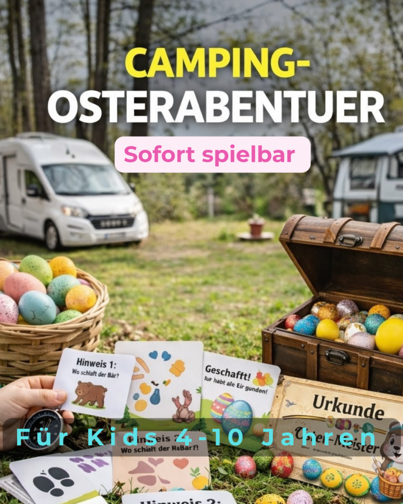 Camping Osterabenteuer für Kinder sofort spielbar im Wohnmobil oder Campingurlaub mit Ostereiersuche und Spielkarten
