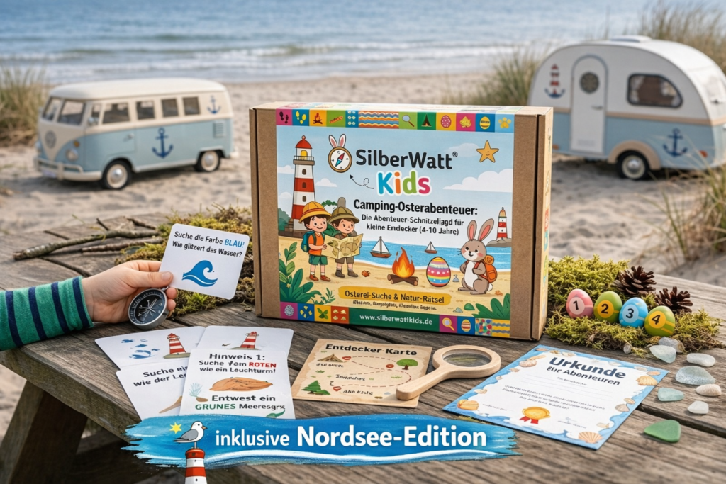 SilberWatt Kids Camping Osterabenteuer Set für Kinder am Strand mit Wohnmobil und Nordsee Hintergrund